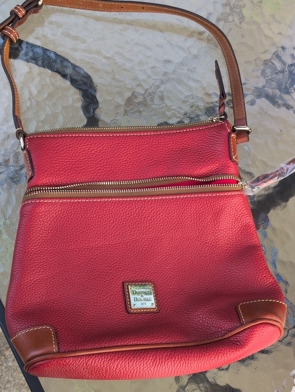 Dooney & Bourke Red Pebbled Leather Crossbody with Brown Trim